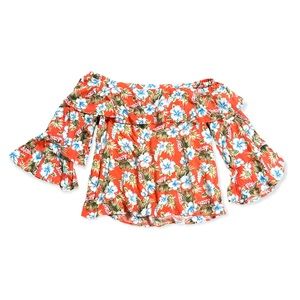 Off the Shoulder Tropical Print Flowy Blouse, Size Large.